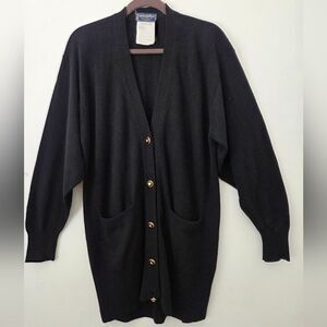 Isphording Vintage Classic Black Cashmere Fine Knit Long Cardigan Sweater XL